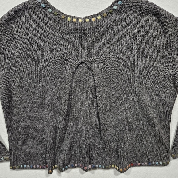 J Jill Cardigan Sweater XSP Petite Embroidered Gray Rainbow Long Sleeve Ramie - Picture 7 of 11